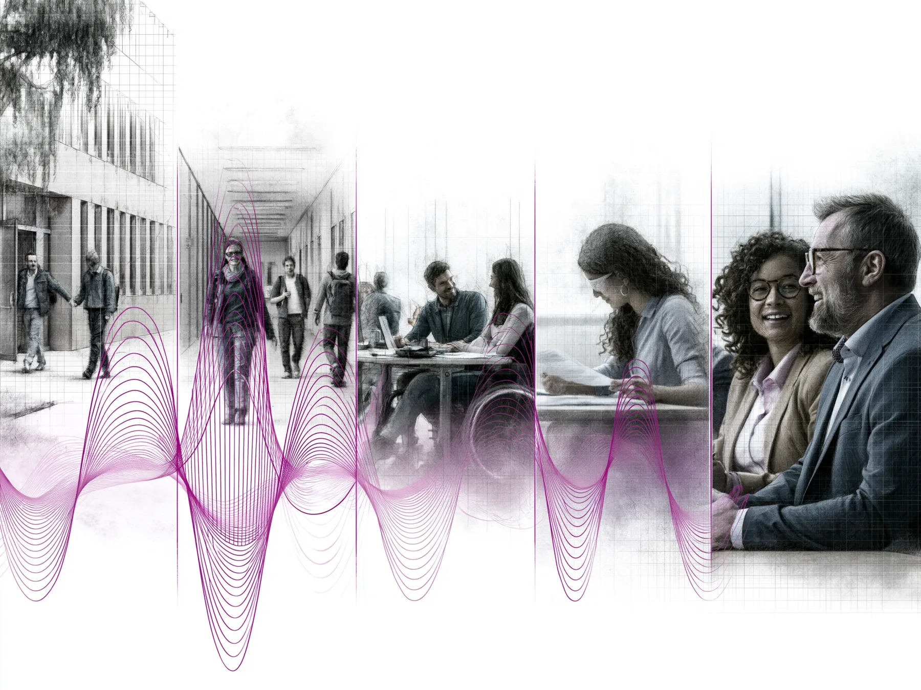Illustration eines behördlichen Arbeitsumfelds mit Dokumenten, Meetings und violetter VoxDrop-Welle.