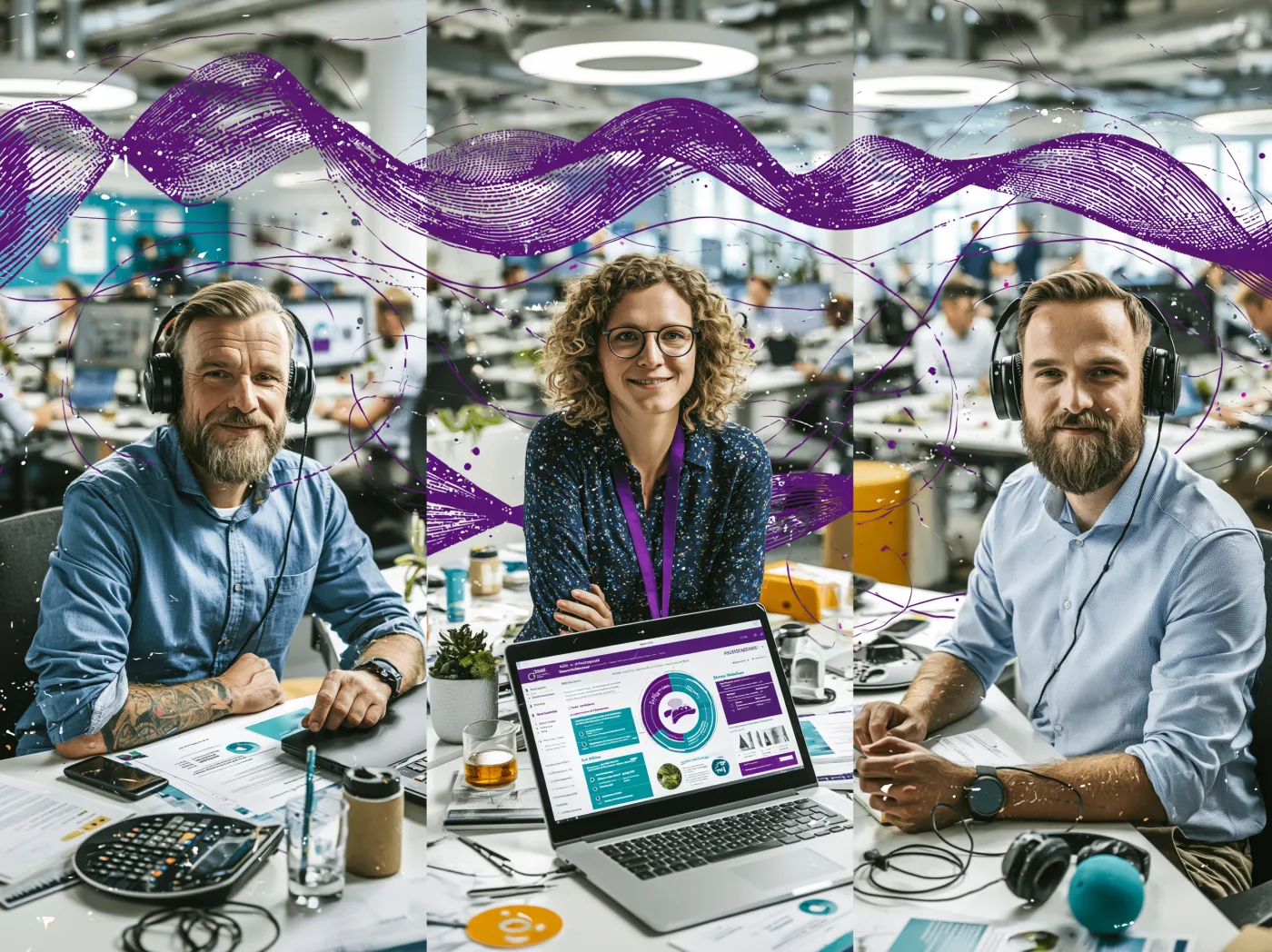 VoxDrop Team-Szene mit Arbeitsplätzen, Dokumenten und violetter Wellenillustration.